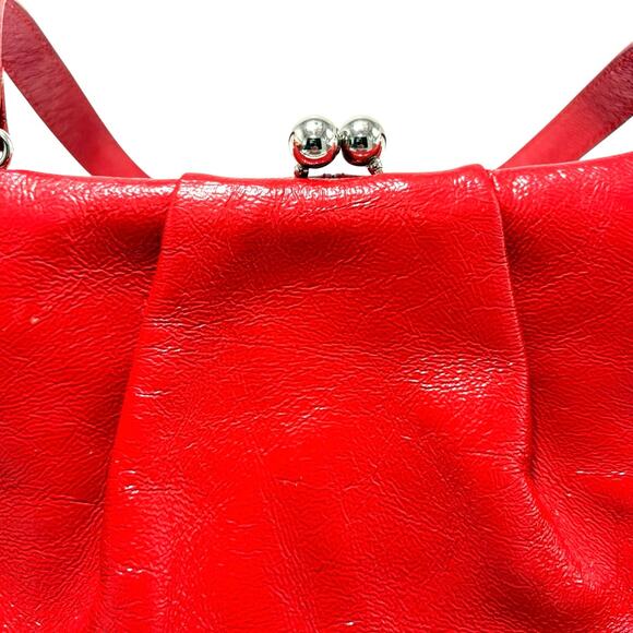 HOBO Red Leather Shoulder Bag w/ Kiss Lock Closure, Black & White Gingham Lining - Picture 9 of 9